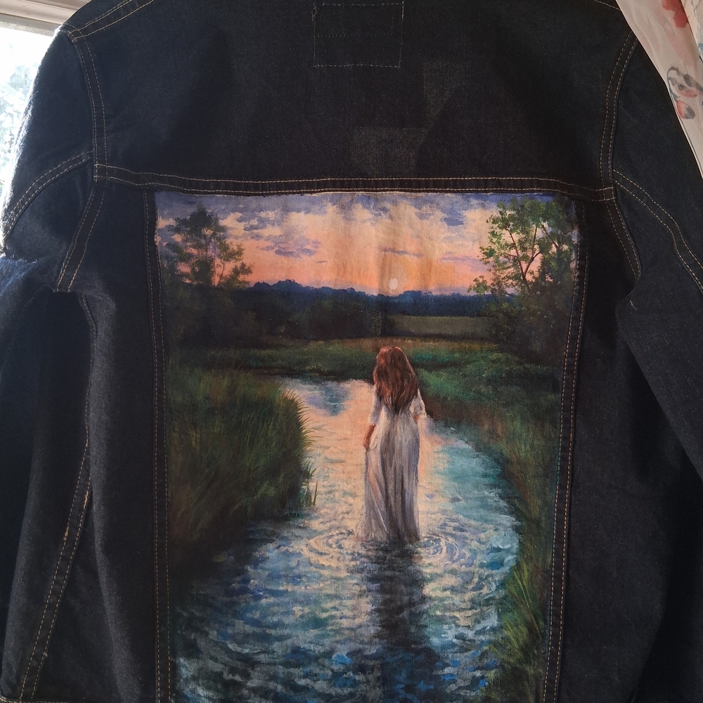 Artistic Blue Denim Jacket with Scenic Back Design